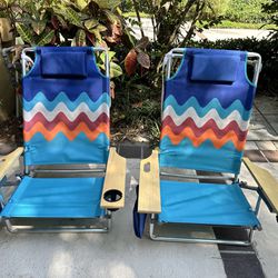 Set Of 2 Adjustable Beach Chairs Foldable With Pockets 