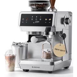 AMZCHEF Espresso Machine With Grinder, 190℉-201℉ Temp Control Coffee machine with 44 Grind Setting, Milk Frother, Touch Screen, Cold Brew, Sliver