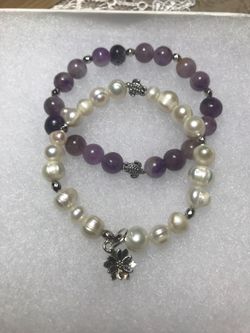 Amethyst and freshwater pearl stretch bracelets with turtle