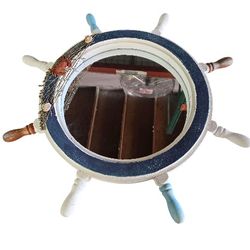 Ship's Wheel Round Wood Framed Mirror, 8 Spokes w/Netting Rustic Nautical Decor