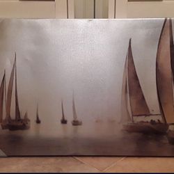 Sailboat Canvas Wall Hung Art Glittered Reflective Silver Water Painting