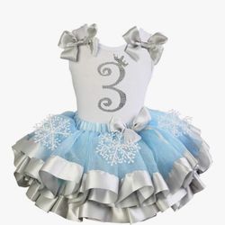 Kirei Sui Girls Blue Silver Snowflake Satin Tutu Princess 3rd Birthday Outfit