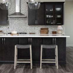 Two (2) Maven Lane Emerson Backless Counter Stools Grey Wood Finish and Grey Faux Leather Bar
