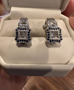 18k Pure White Gold Earrings With Sapphires And Diamonds 8.19 Grams