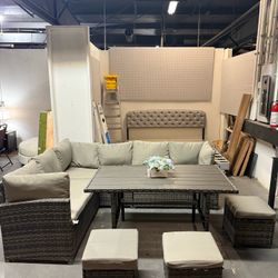 🔥Set of 7🔥Wisteria Lane Outdoor Patio Furniture Set, Outdoor Dining Sectional Sofa with Dining Table and Chair, All Weather Wicker Conversation Set 