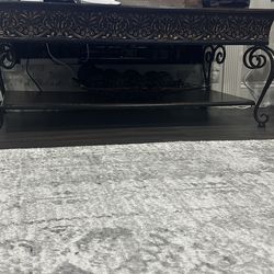 Rectangular coffee table with one end table with wood base and aluminum engraved sides with bronze