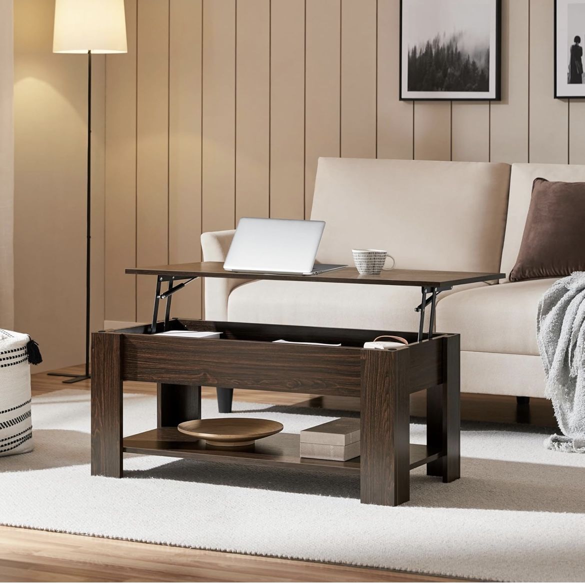 Wooden Coffee Table, Lift Top Coffee Table with Large Hidden Storage Shelf, Lift Tabletop Dining Tables for Living Room, Home Small Space, 38.6in,