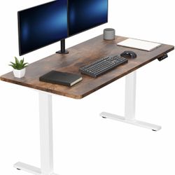 NEW - Electric 47.5 x 24” in Standing Desk, Memory Height Adjustment, One-Piece Rustic Vintage Brown Top, White Frame