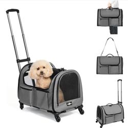 Gray Rolling Pet Carrier for Dogs Cats