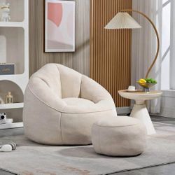 Beige Bean Bag Chair with Footrest, Foam Filled, Microfiber