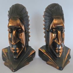 Vintage Heavy Metal Aztec Warrior Bust Bookends – Souvenir of Mexico – Pair