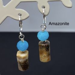Amazonite Genuine Stone & Dark Blue Faceted Amazonite Stone Handmade Earrings