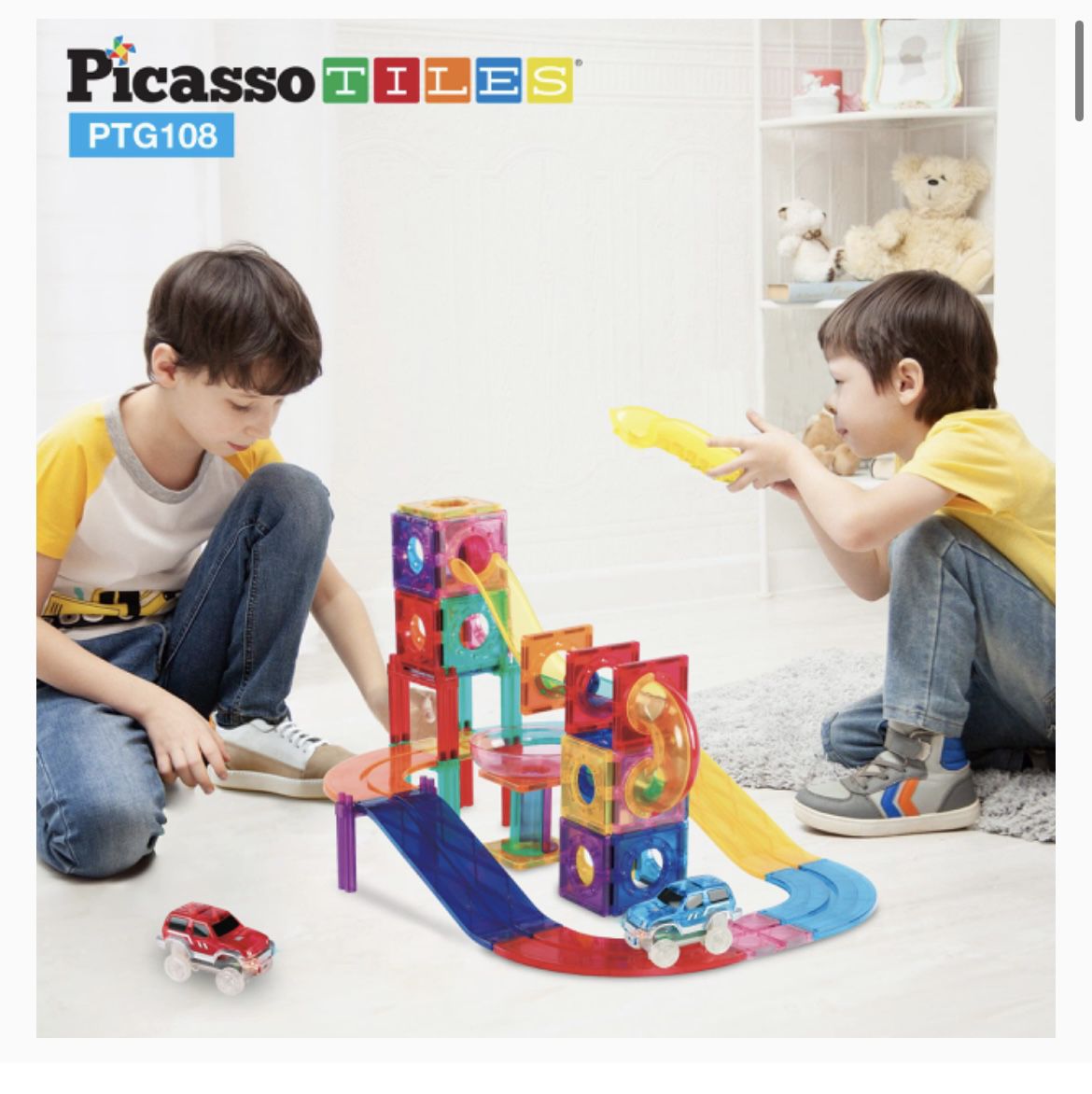 Picasso Tiles 108pc 2-in-1 Marble Run Car Race Track Combo
