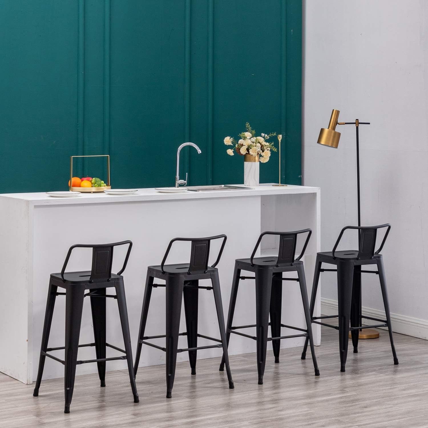 24 inch Metal Bar Stools Set of 4 Indoor Outdoor Bar Stools with Back Kitchen Dining Counter Stools Bar Chairs Matte Black