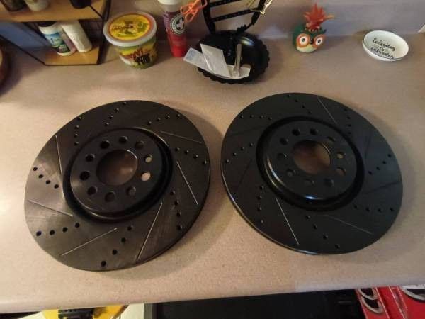 dynamic friction drilled & slotted black zinc front brake rotors new