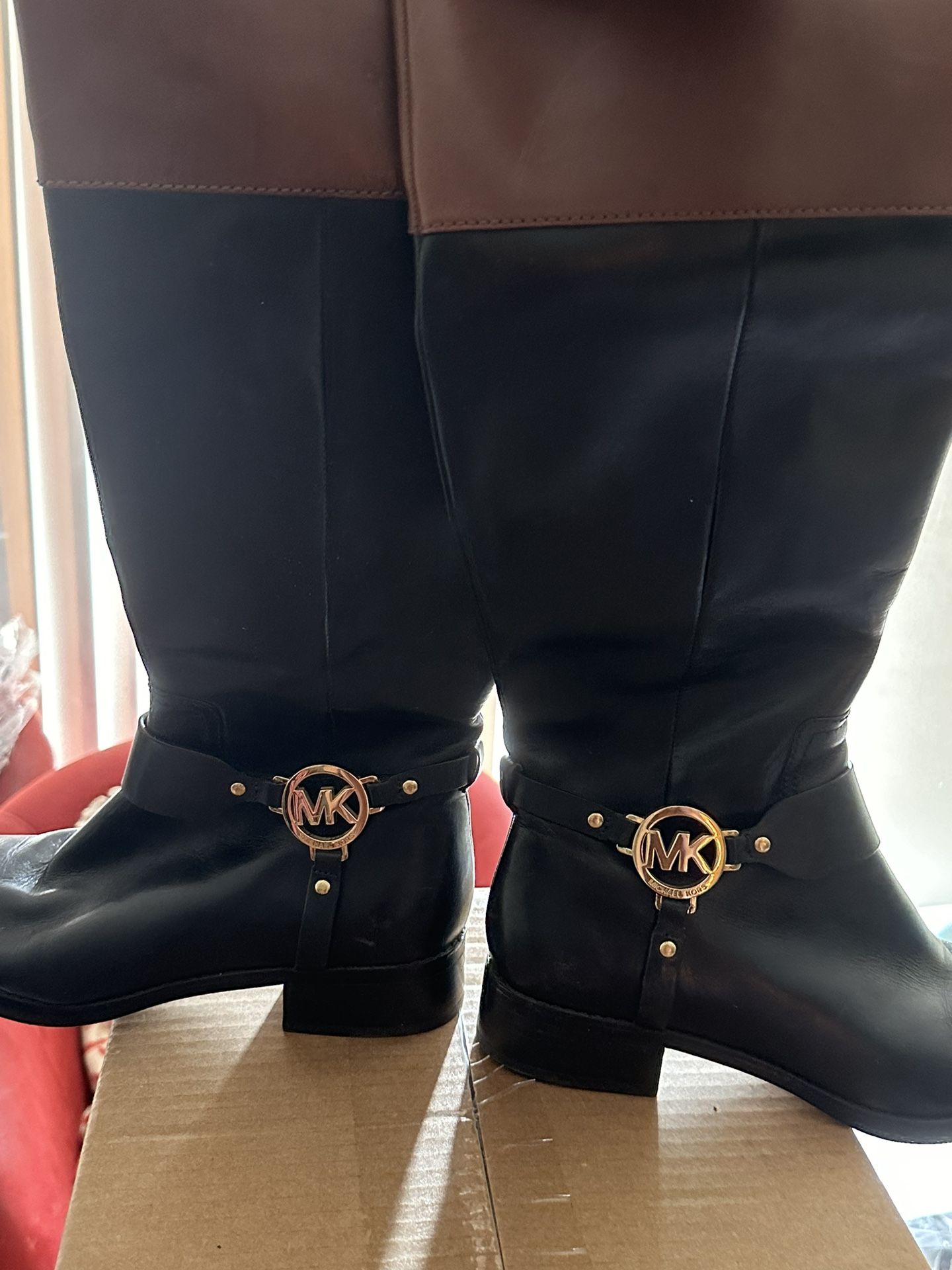 MICHAEL KORS Fulton Harness Tall Riding Boots Womens Black Leather w/ Brown 8M