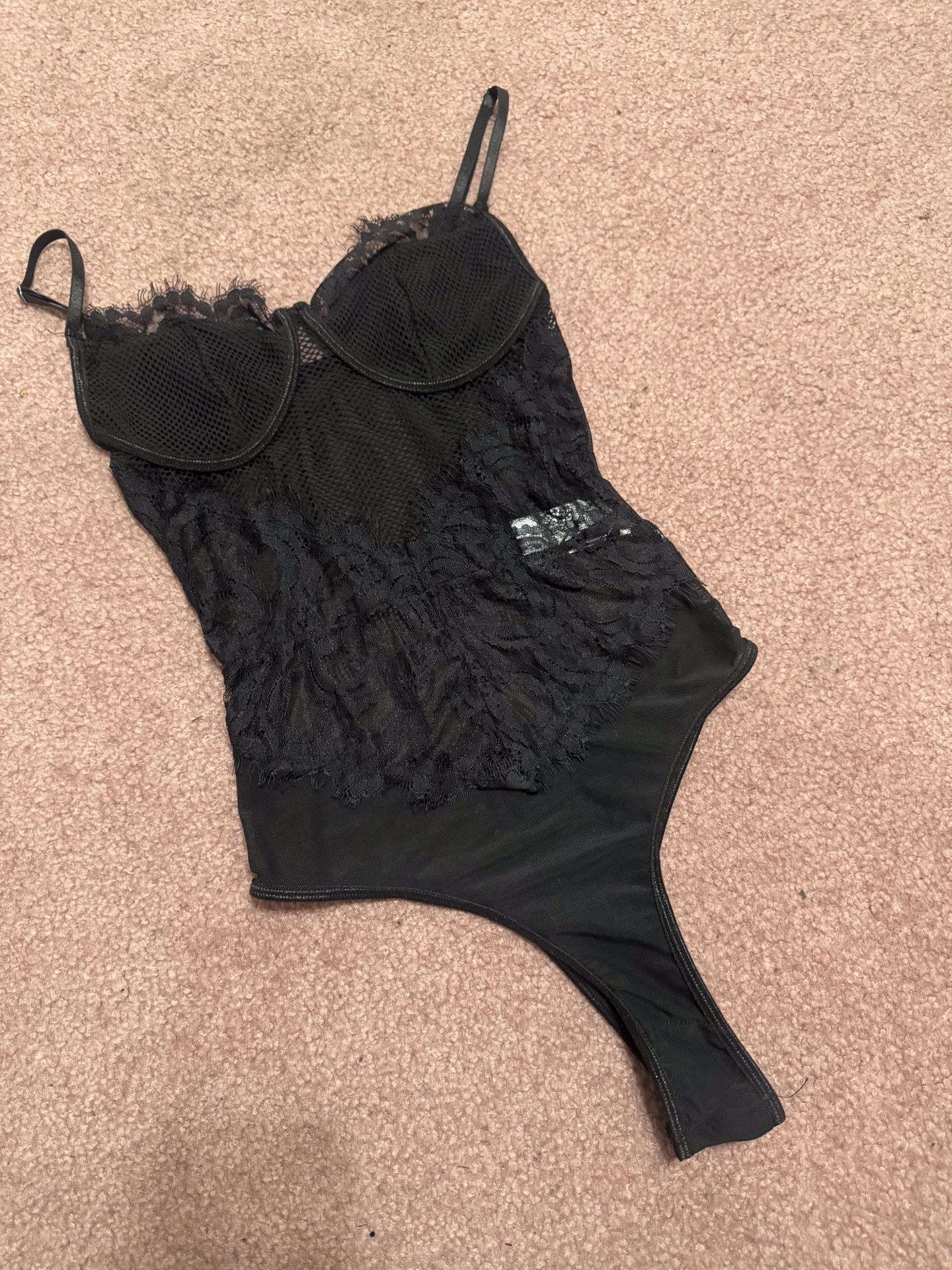 New Small Black Lace Stretchy Bodysuit Lingerie