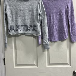 Justice Grey Hooded Sweatshirt & Purple Long Sleeve Top - Size 8 - VGUC