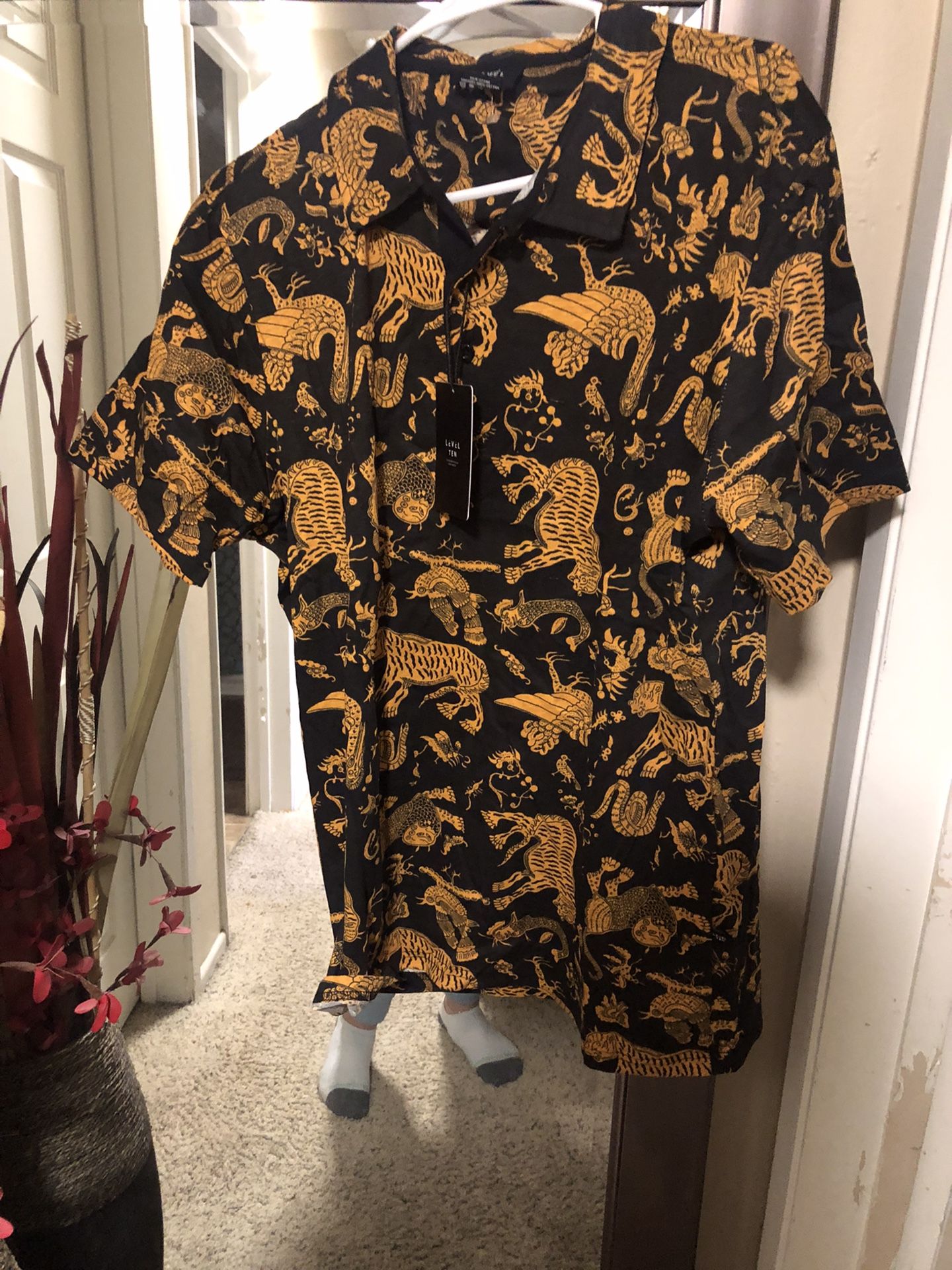Men Animal Print Gold Dress Shirt