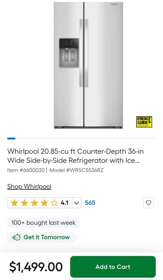 2020 Whirlpool Stainless Double Door Fridge