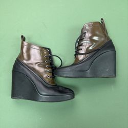 Balenciaga Black Crinkled Leather Wedge Heel Ankle Boots Booties Size EU 40/US 9