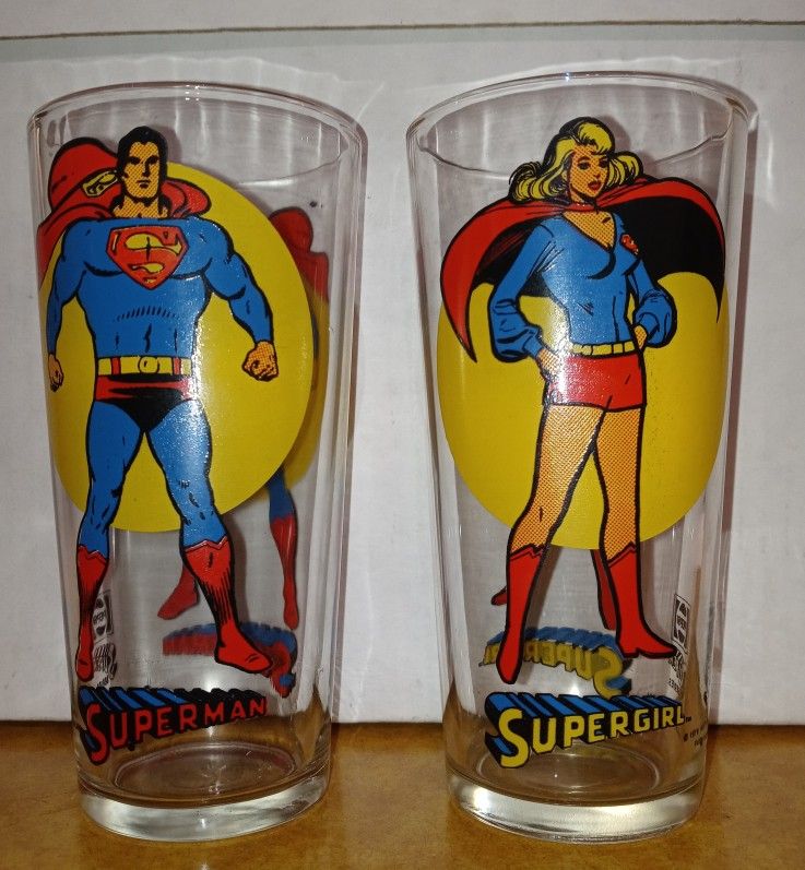 1976 Pepsi Super Series SUPERMAN and SUPERGIRL Collectors Glasses  