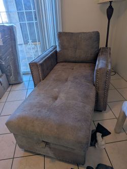 Gray Faux Leather Chaise Lounge Sofa Chair with storage