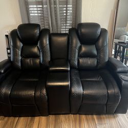 Black Leather Couch, Dual Reclining Foot And Headrests