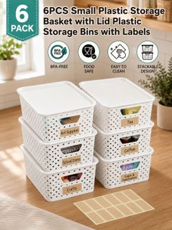 6PCS Small Plastic Storage Basket with Lid Plastic Storage Bins with Labels