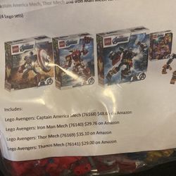 Lego Marvel Avengers Thor, Captain America, Iron Man, and Thanos Mech building sets
