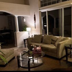 Sofa, Chair, Ottoman, Coffee Table, 2 End Tables, 2 Lamps (1 Floor, 1 Table) 