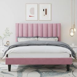 Full Size Platform Bed Frame with Upholstered Velvet Channel Headboard, Pink