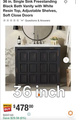 36-Inch Black Freestanding Bath Vanity with White Resin Top