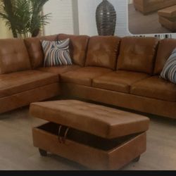  Leather  L Shaped couch And Ottoman 
