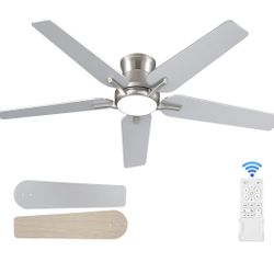 POCHFAN 52 Inch Ceiling Fans with Lights and Remote, Brushed Nickel Flush Mount Low Profile Ceiling