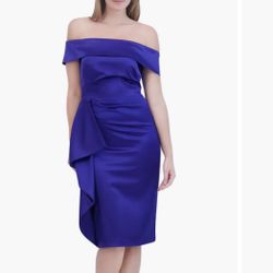 New NWT Eliza J Size 8 Off The Shoulder Satin Cocktail Dress Gown Cobalt Blue Prom Party