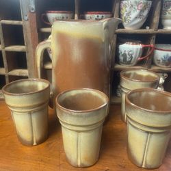 Vintage Western Pottery Pitcher And Glasses Tumblers Set 
