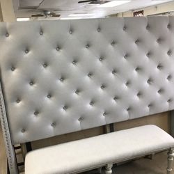 King Khaki Bed Frame W/ Silver Nail Heads 