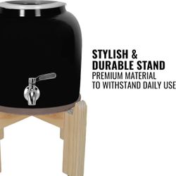  Sports Porcelain Ceramic Crock Water Dispenser, 8 Inch Wood Stand, Stainless Steel Faucet, Fits 3 to 5 Gallon Jugs. (Black And Blue)