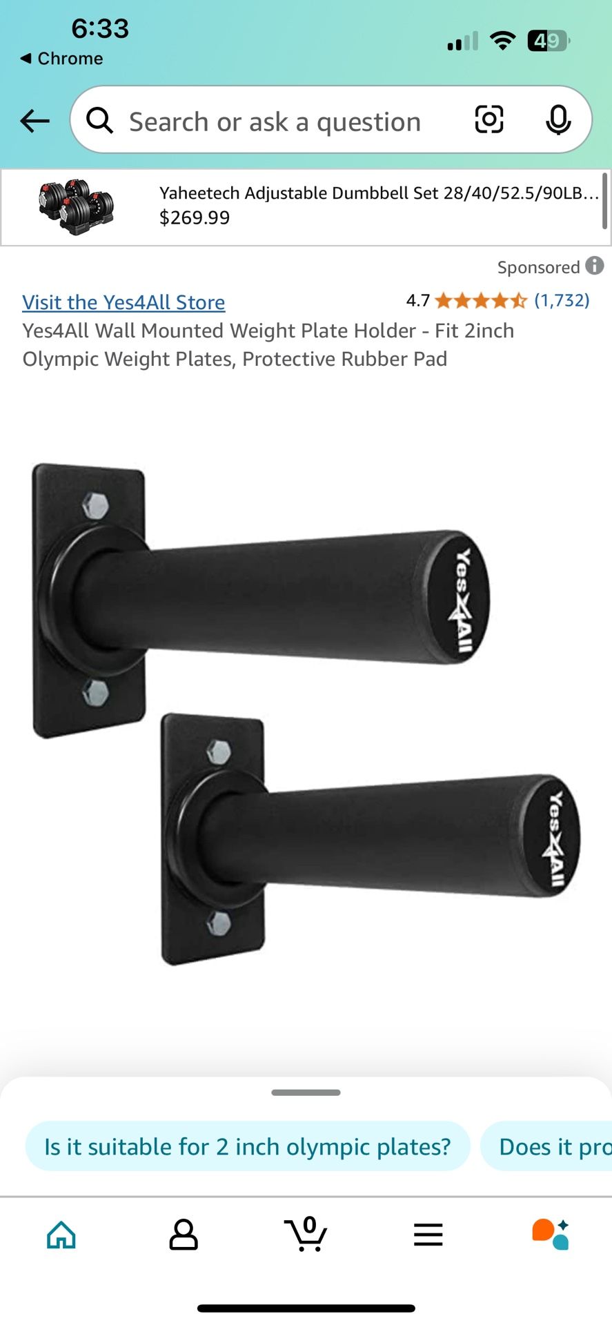 Yes4All Wall Mounted Weight Plate Holder - Fit 2inch Olympic Weight Plates, Protective Rubber Pad