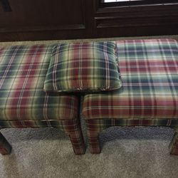 Two custom fabric upholstered benches/ red and green plaid