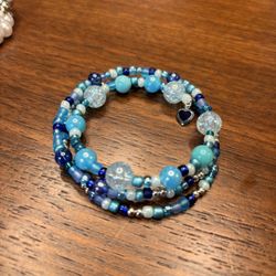 New Hand Beaded Triple Layer Bracelet Blue With Heart Charm