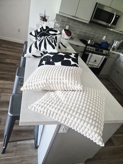 Six black and white throw pillows, Los Feliz LA