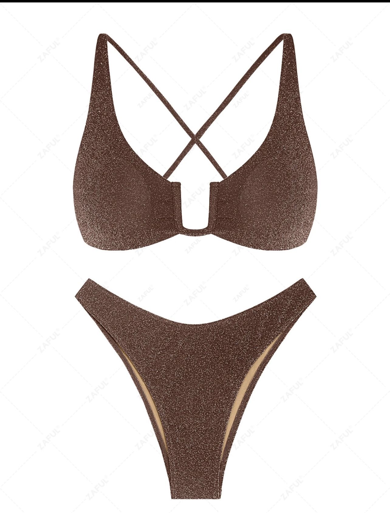 ZAFUL Metallic Sparkly Lace Up Criss Cross String Bikini Set Shine-Coffee Small