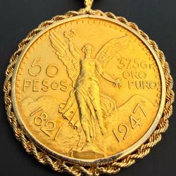 1947 Mexico 50 Peso gold Coin bullion in 14k rope bezel pendant & 14k solid yellow gold Figaro chain 28” 4mm necklace