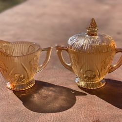 Jeanette Iris Glass Creamer And Sugar Bowl W/ Lid 