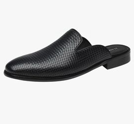 ELANROMAN Men's Backless Loafers Black Genuine Leather Mules Slippers Slip on Shoes
