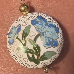 Cloisonne Chinese Enamel Unusual Blue Floral on White Pendant 