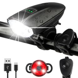 1 Pk 1400 LM Rechargeable bike headlight w/ tail light set horn 3 Lighting Modes Black