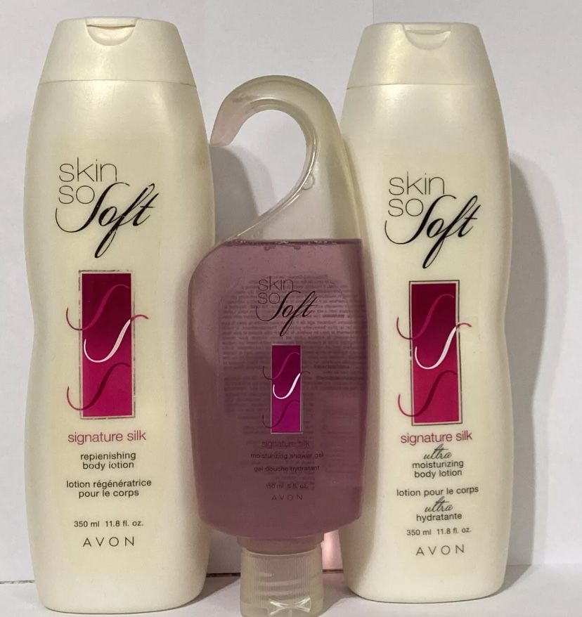 3 Lot Avon Skin So Soft Signature Silk body Lotion 11.8 fl.oz & shower gel New